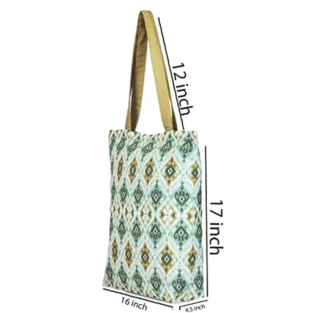 Tikuli Polyester Durable Canvas Large Size Printed Tote Bag for Women with ZIP (Green)