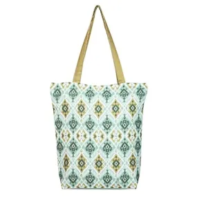 Tikuli Polyester Durable Canvas Large Size Printed Tote Bag for Women with ZIP (Green)