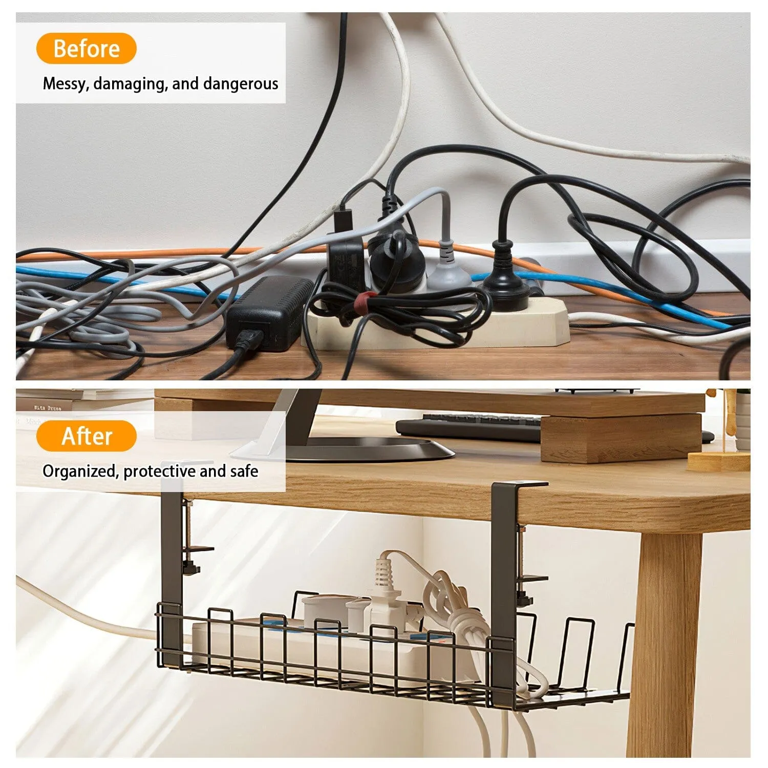 Under Desk Cable Management Tray 15.2in No Drill Desk Cable Cord Organizer