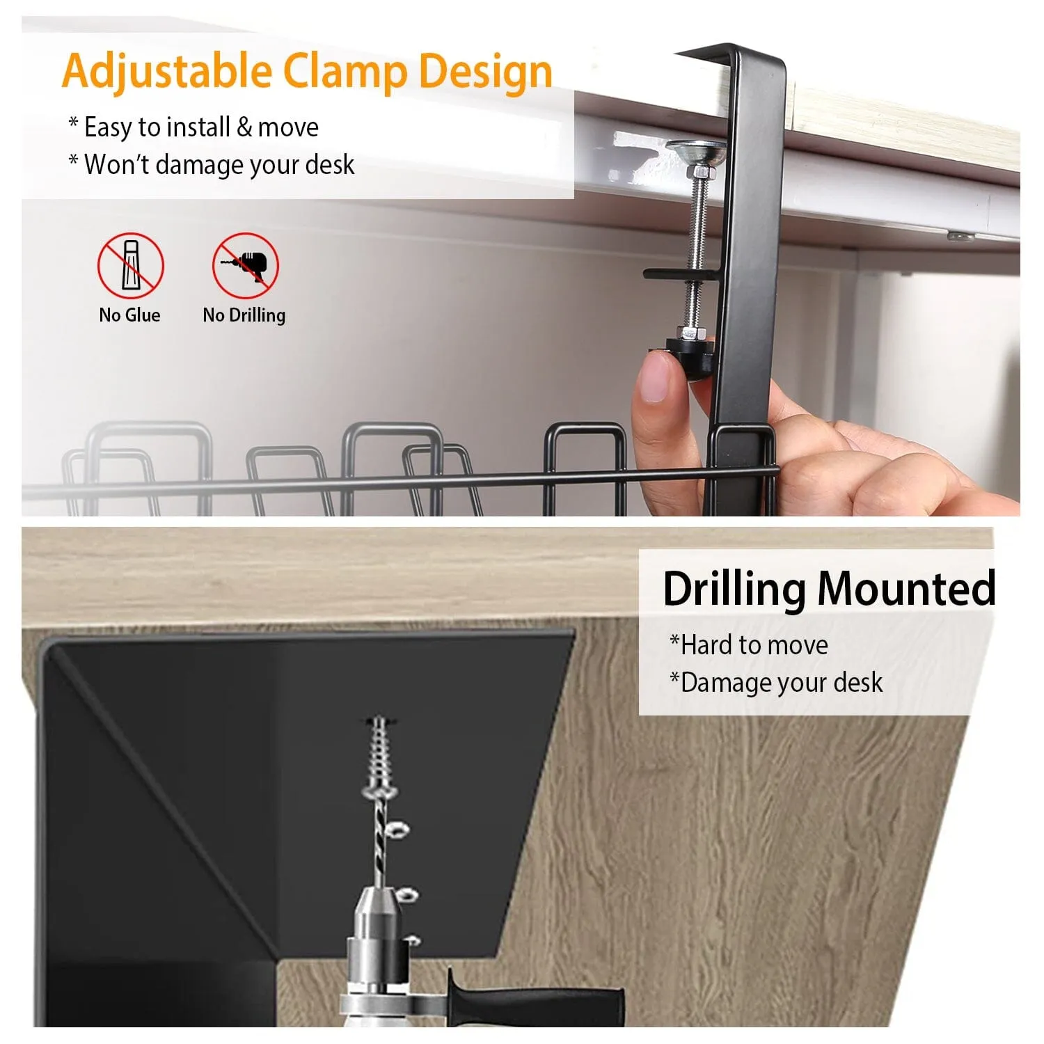 Under Desk Cable Management Tray 15.2in No Drill Desk Cable Cord Organizer