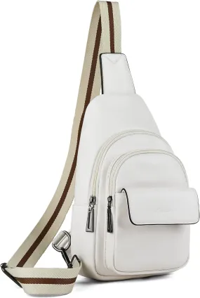 White Leather Front Zipper Pocket Crossbody Travel Sling Bag