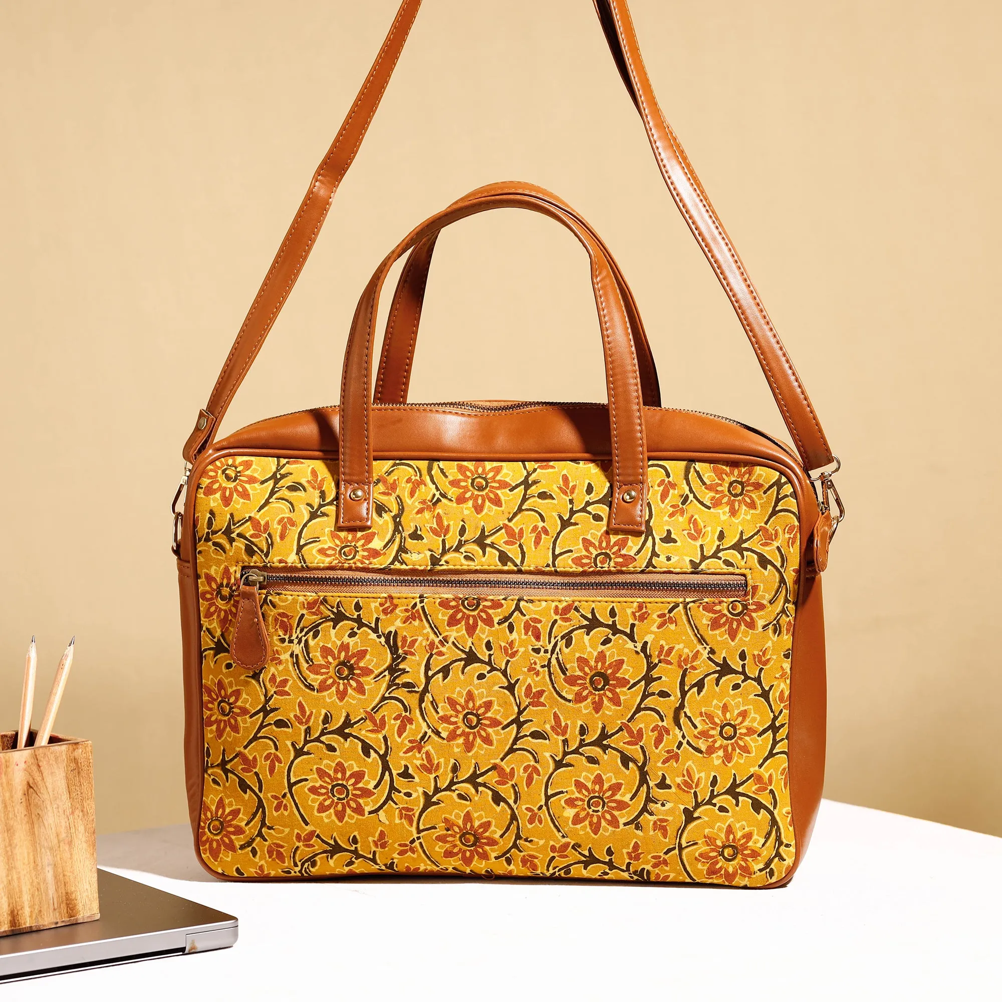 Yellow - Handcrafted Ajrakh Block Printed Cotton Laptop Bag (15 x 13 in)